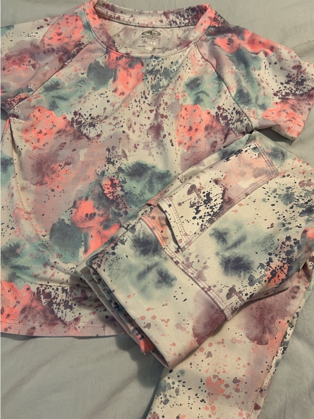 Athleta Kids Tie-Dye Splatter Top and Leggings in Pink, Purple, Teal